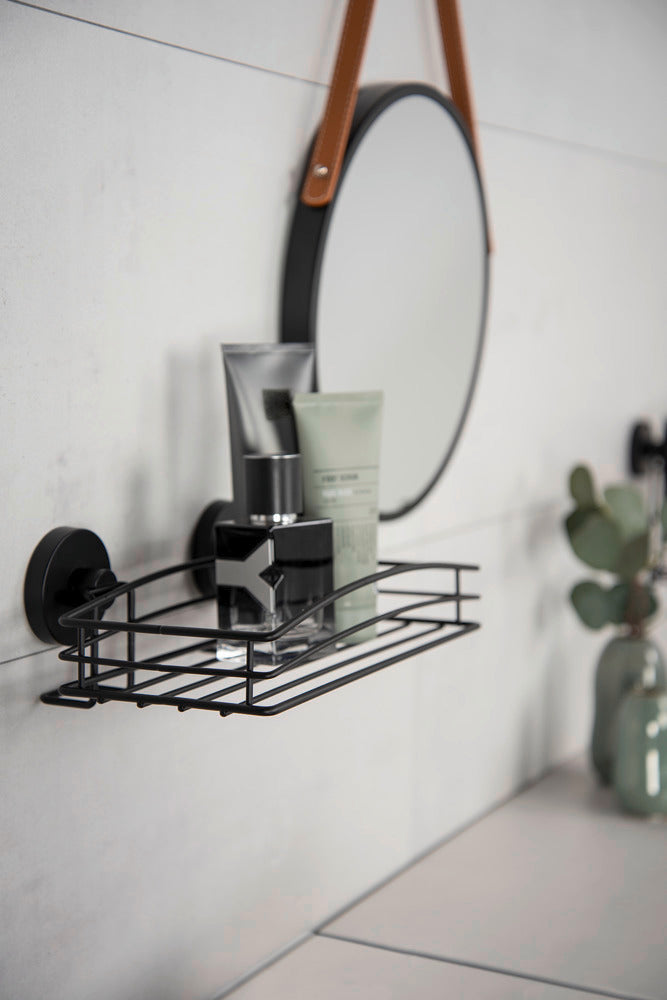 Vegghylle Vacuum-Loc® svart metall med baderomsutstyr