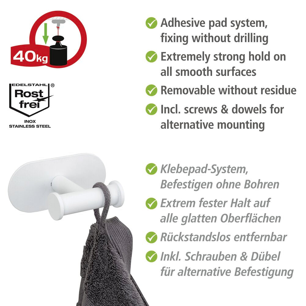 Detalj av veggkrok dobbel Turbo-Loc® Orea hvit matt rustfritt stål