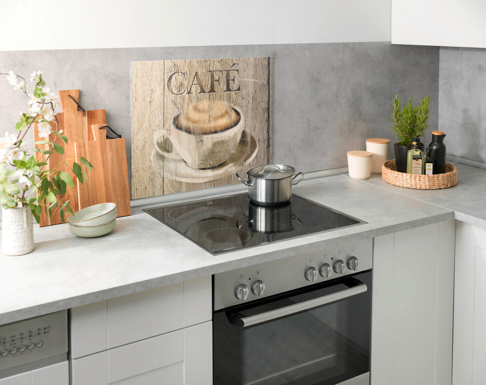 Veggplate glass kjøkken café-motiv 60 x 50 cm montert på vegg