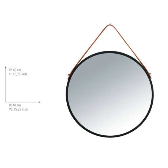 Veggspeil Borrone rundt med opphengsstropp svart montert på vegg