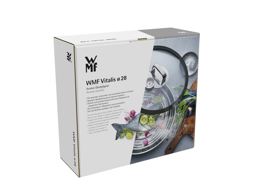 Nærbilde av håndtak på Vitalis aromadampkoker Ø28 cm rustfritt stål