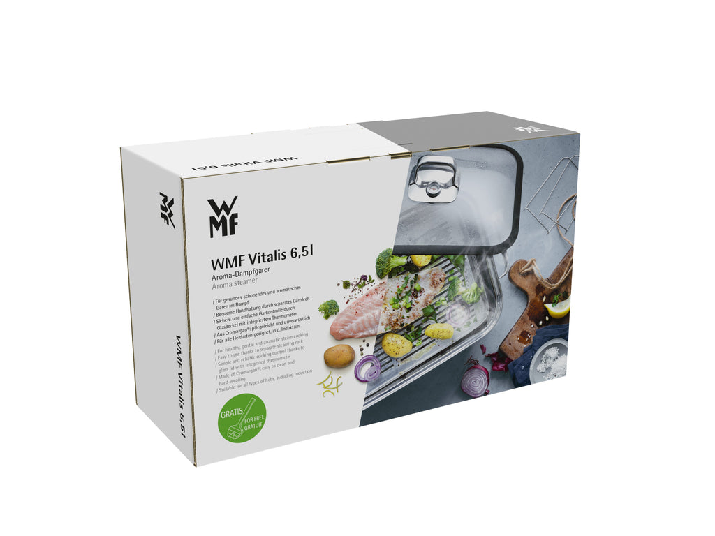 Vitalis aromadampkoker 6,5 L rustfritt stål med servertang med glasslokk
