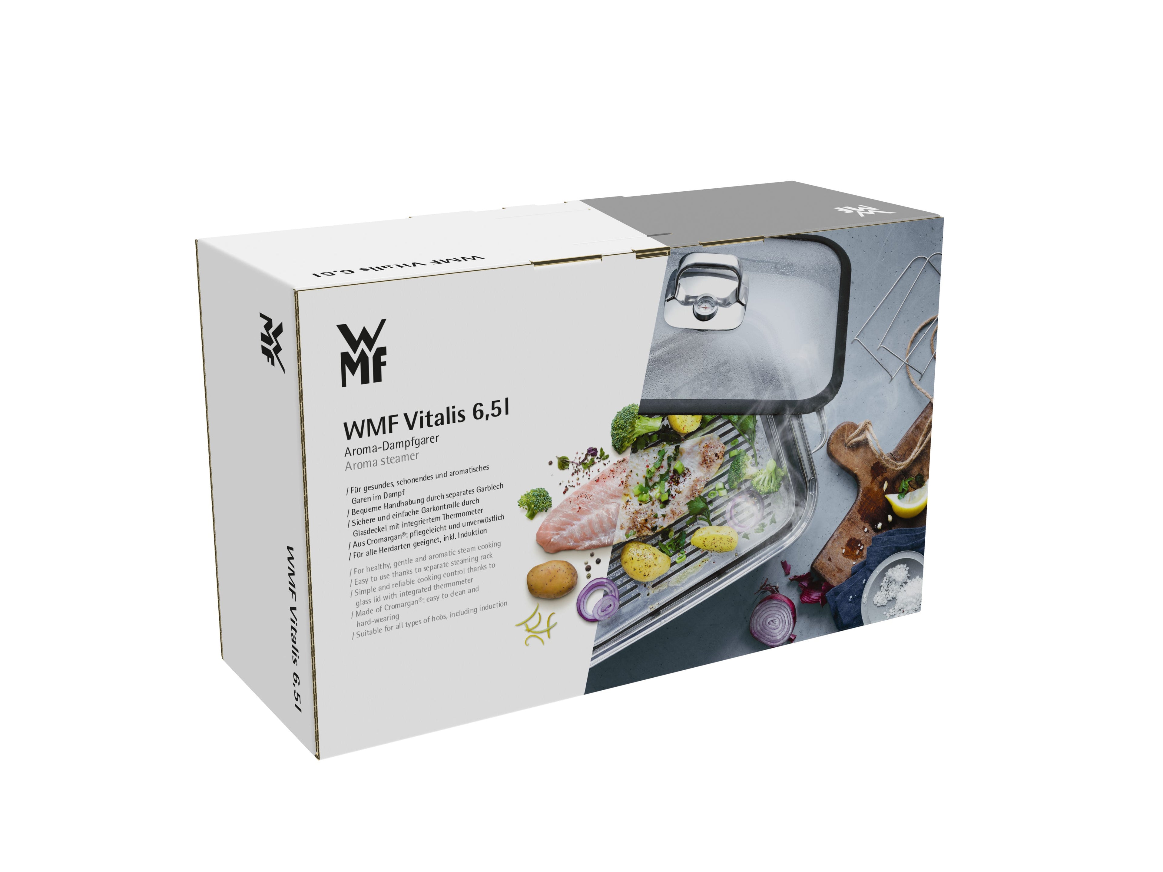 Vitalis aromadampkoker 6,5 L rustfritt stål med glasslokk med dampende mat