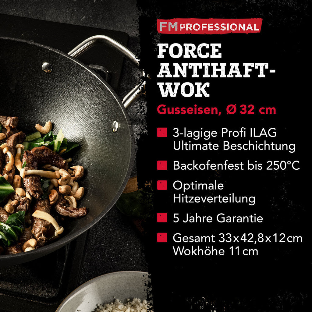 Detalj av non-stick belegg på Wok Force Ø32 cm støpejern non-stick - FMprofessional