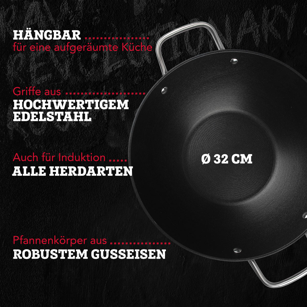 Nærbilde av håndtak på Wok Force Ø32 cm støpejern non-stick - FMprofessional