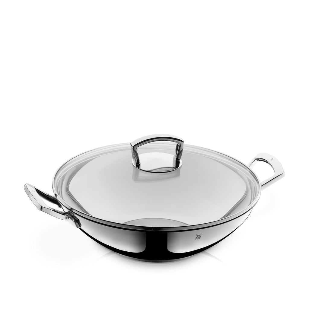 Wok med glasslokk 36 cm rustfritt stål induksjon forfra