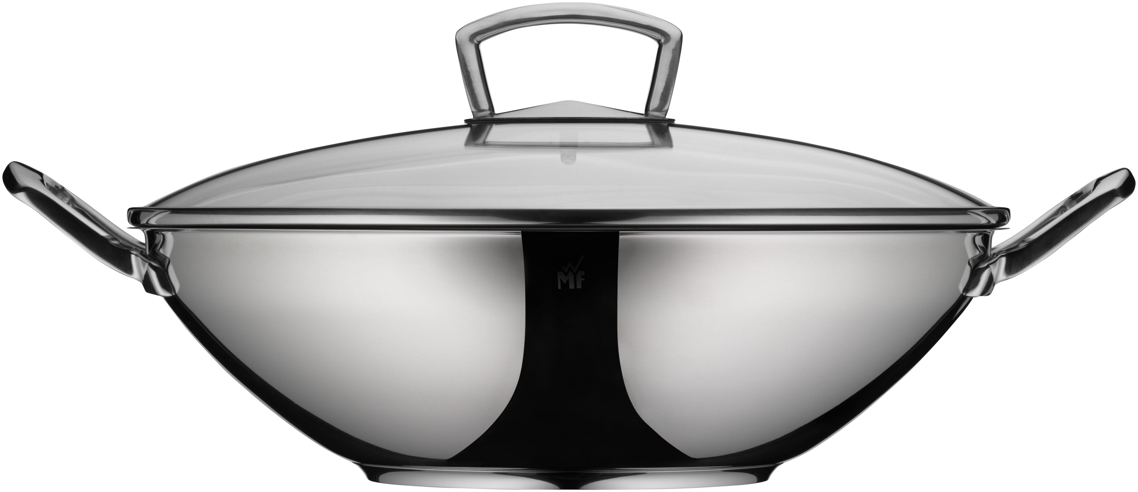 Wok med glasslokk 36 cm rustfritt stål induksjon nærbilde av håndtak