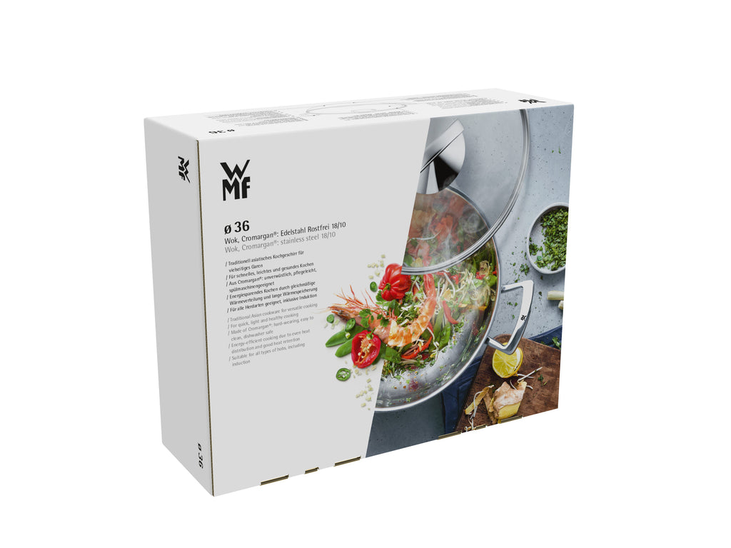 Wok med glasslokk 36 cm rustfritt stål induksjon pakket i eske
