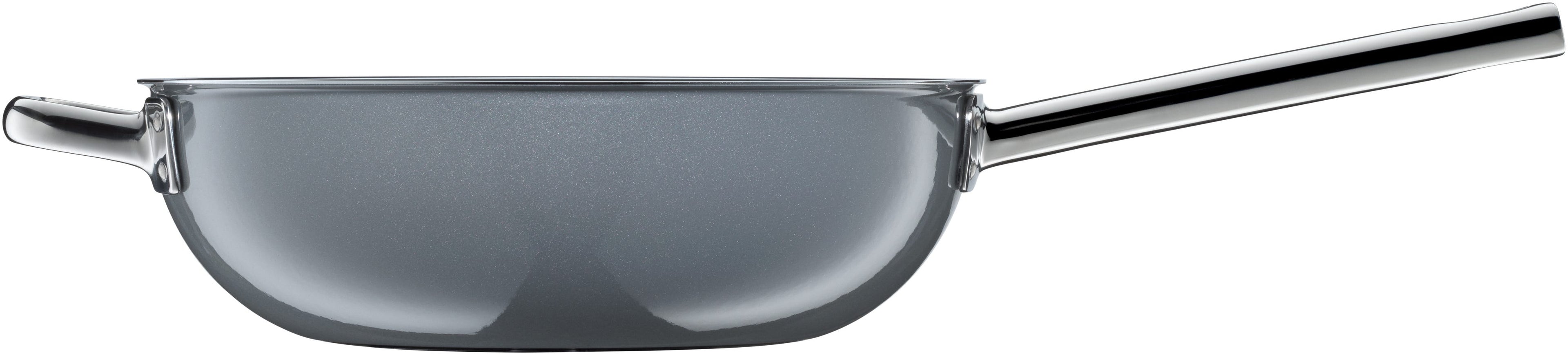 Wokpanne 28 cm med glasslokk Fusiontec Mineral Platinum i bruk med mat