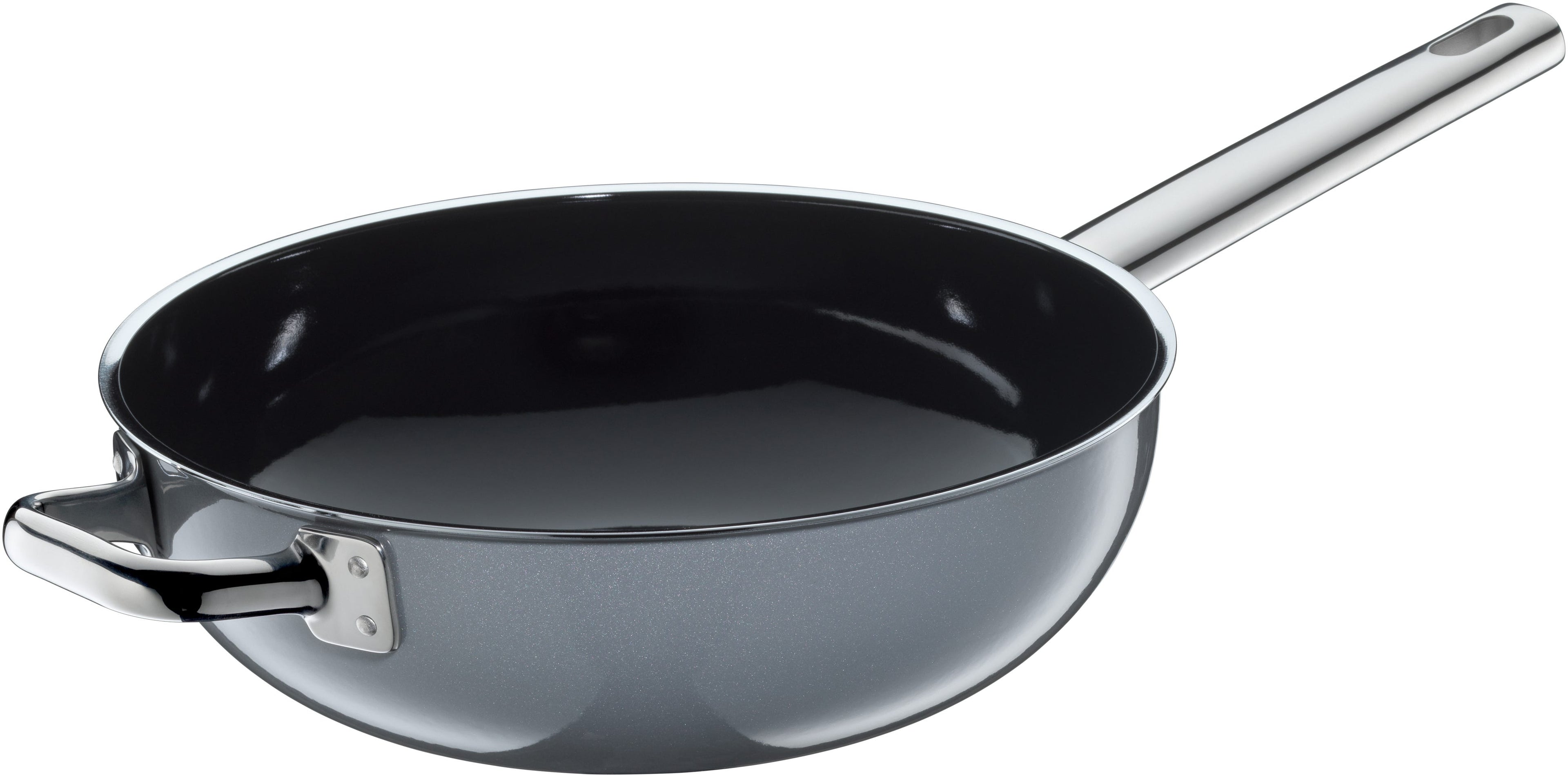 Wokpanne 28 cm med glasslokk Fusiontec Mineral Platinum på kjøkkenbenk
