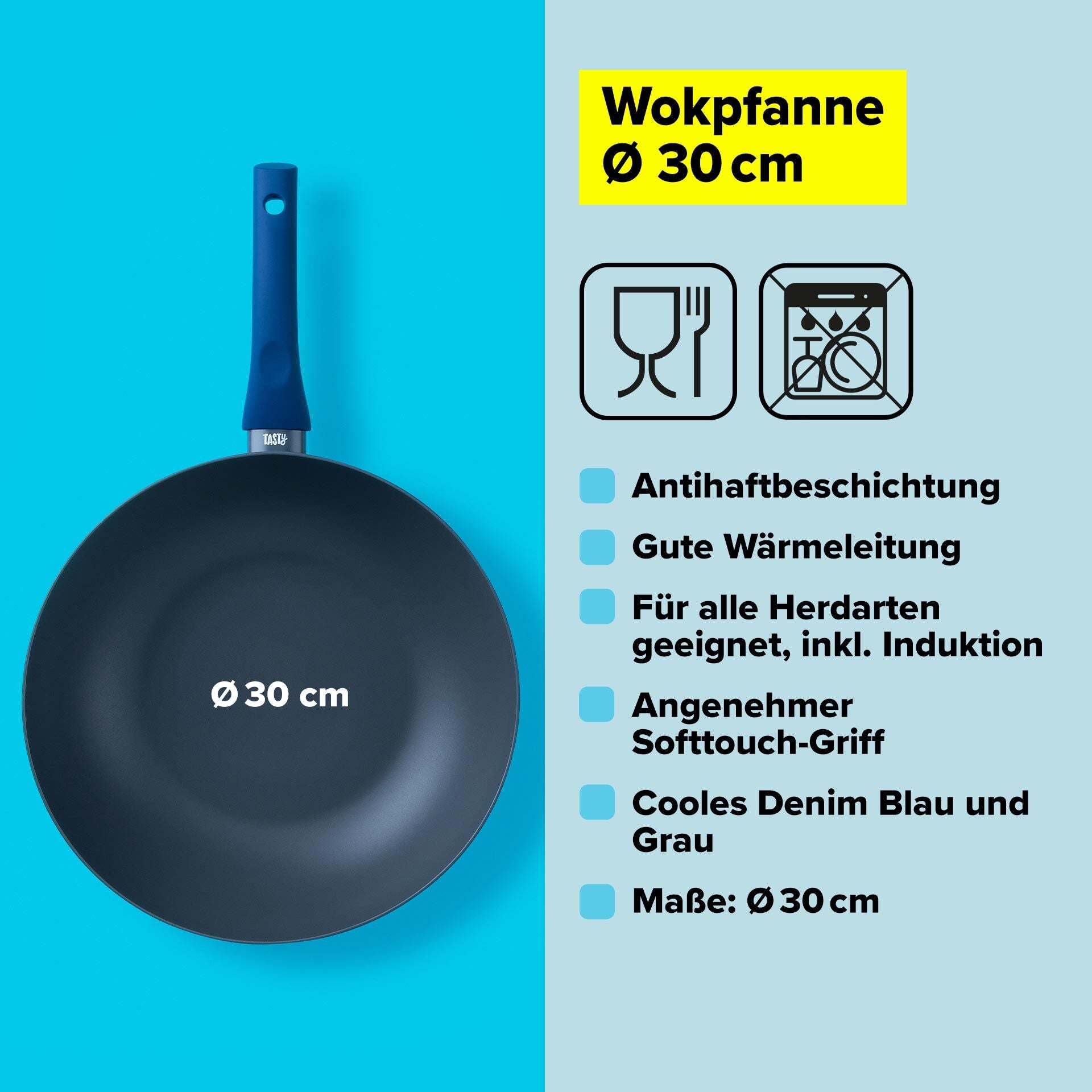 Wokpanne Everyday Ø30 cm aluminium non-stick Tasty montert på komfyr
