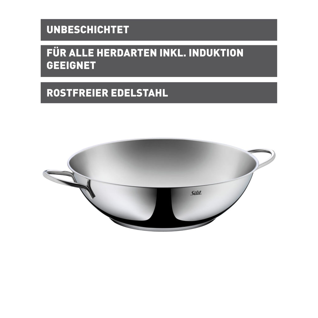 Wokpanne rustfritt stål 32 cm induksjon ovnssikker SILIT med bred rennekant