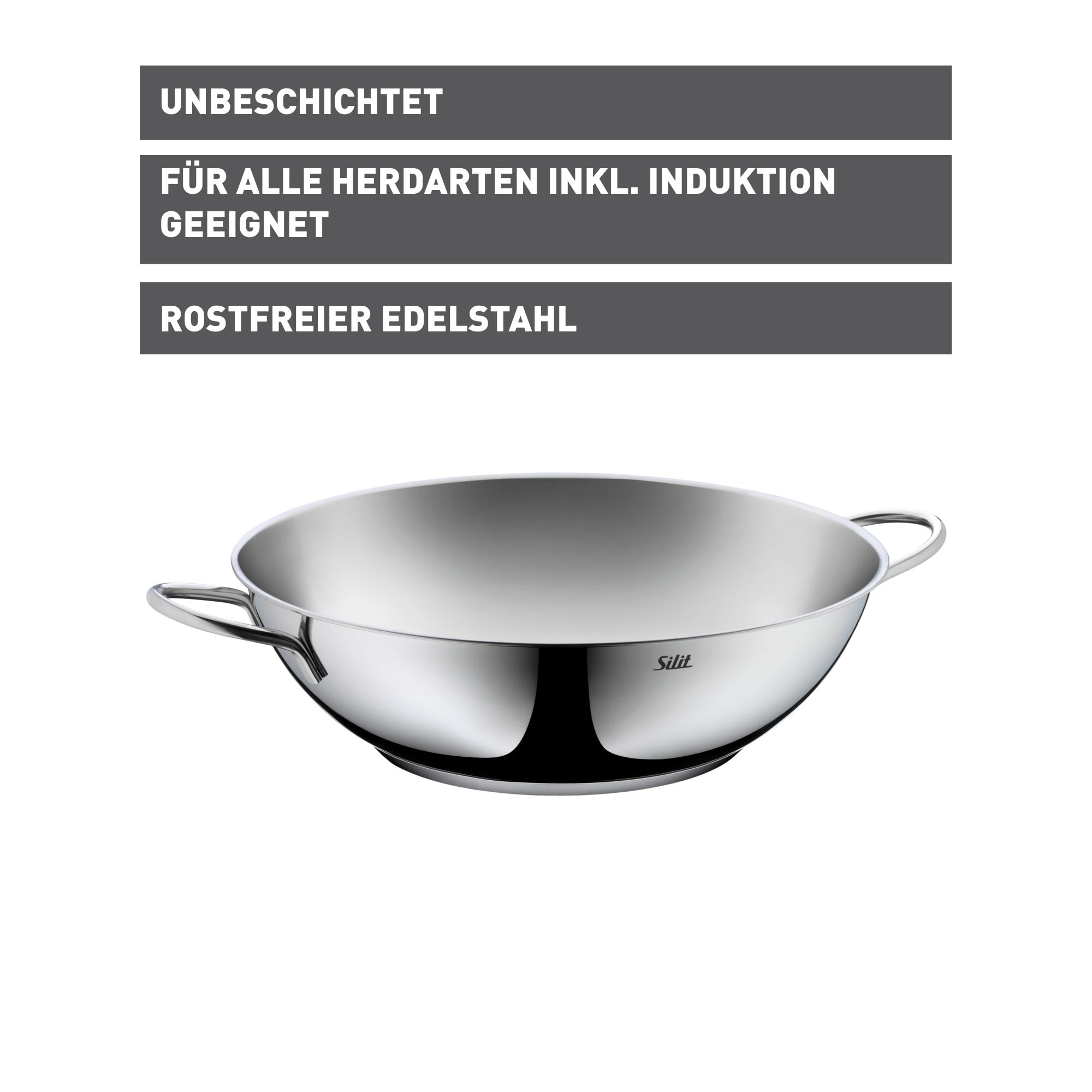 Wokpanne rustfritt stål 32 cm induksjon ovnssikker SILIT med bred rennekant