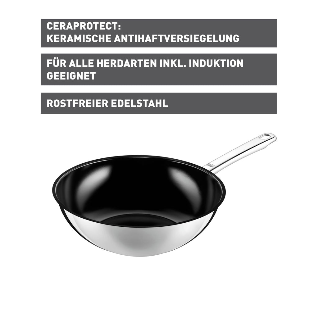 Nærbilde av håndtak på Wokpanne Wuhan 28 cm rustfritt stål keramisk non-stick