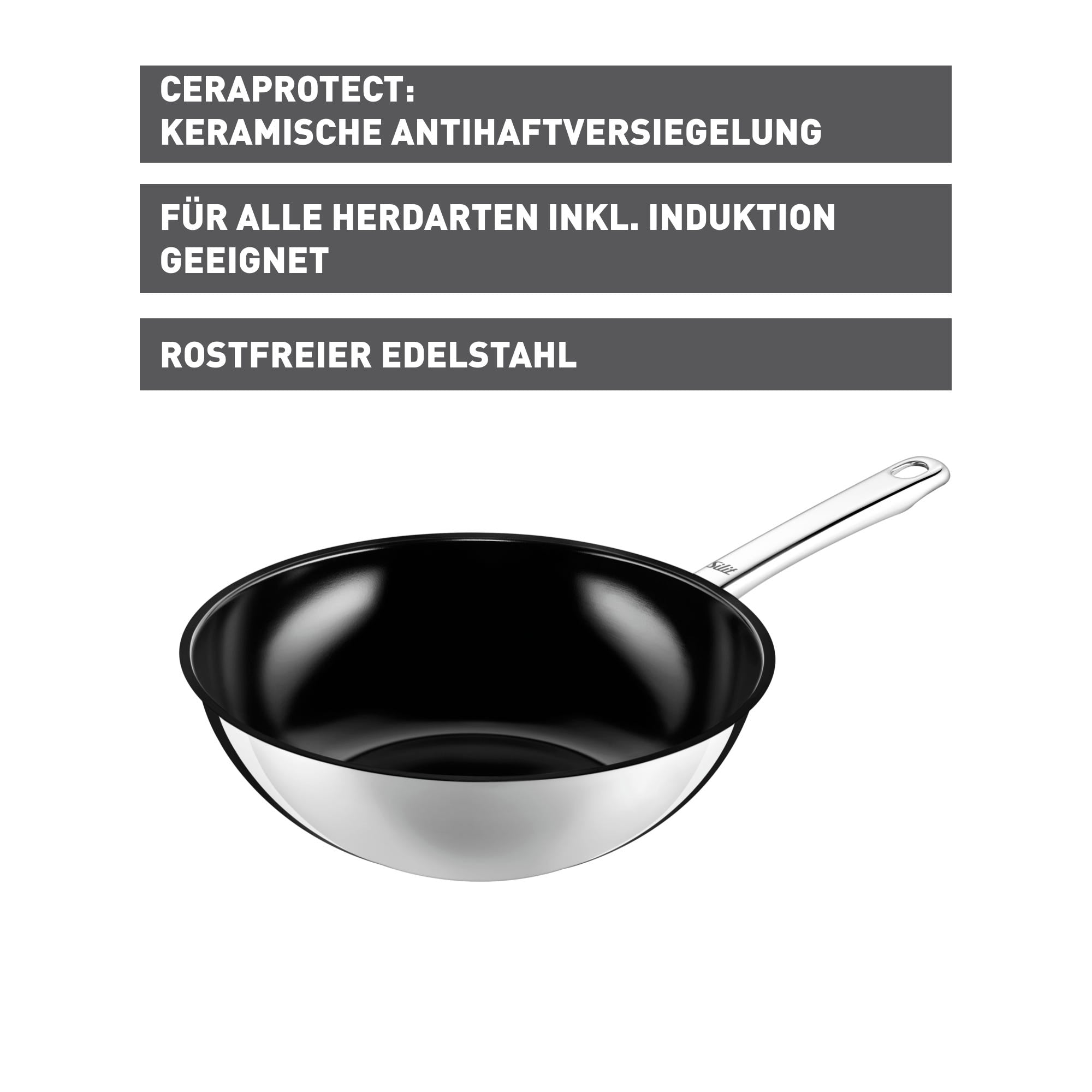 Nærbilde av håndtak på Wokpanne Wuhan 28 cm rustfritt stål keramisk non-stick